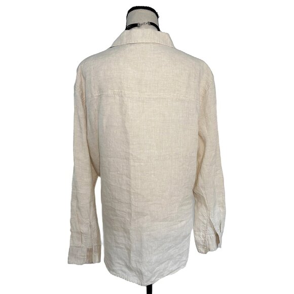 H&M 100% Linen Button Up Shirt Beige Tan Long Sleeve Collared Top Size Large - Picture 3 of 4